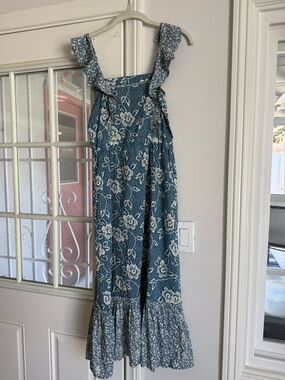 Paige Blue Floral Ruffle Strap Midi Dress Tie Waist Size XXS